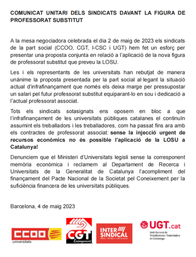 COMUNICAT UNITARI DELS SINDICATS DAVANT LA FIGURA DE PROFESSORAT SUBSTITUT